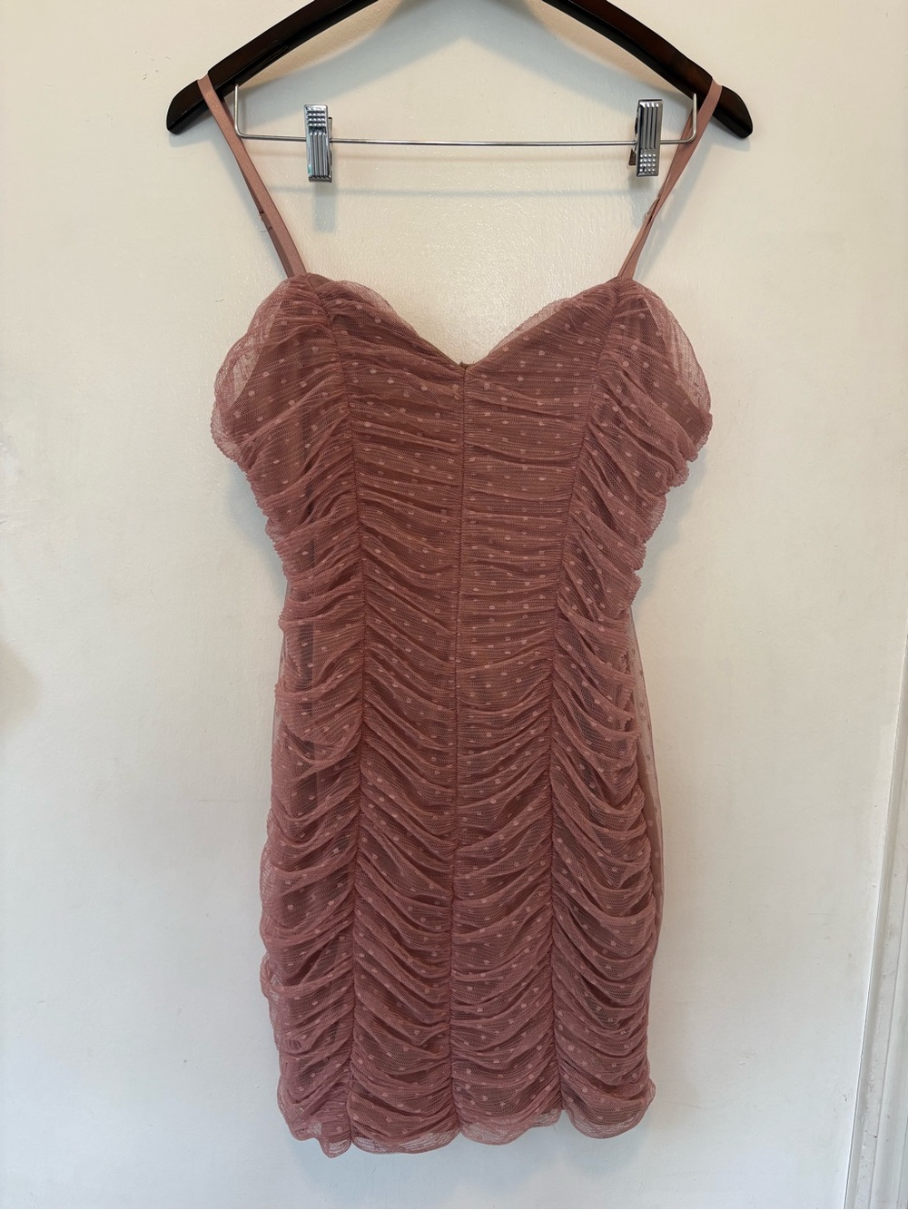 Haute Monde Dusty Rose Ruched Swiss Dot Mini Dress